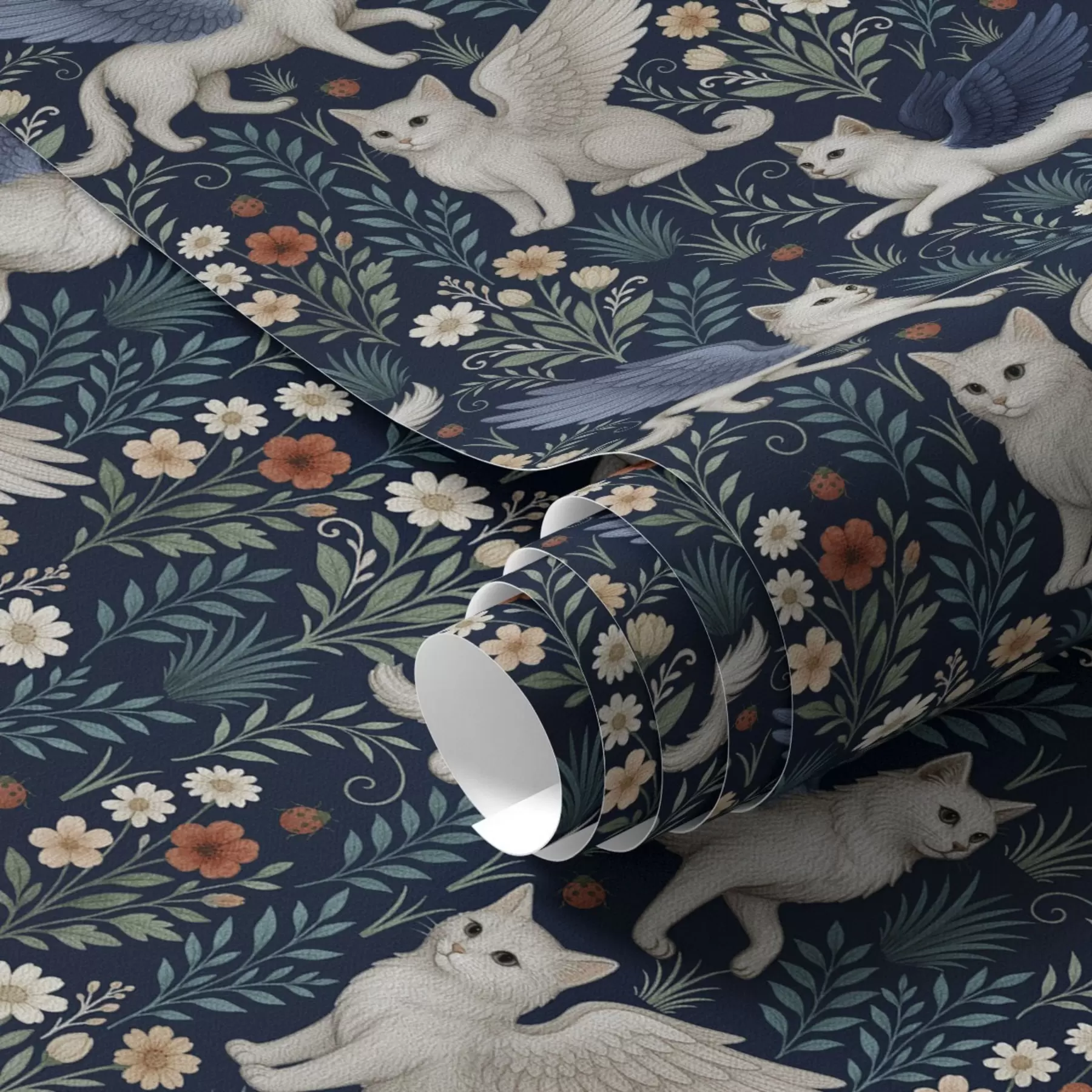 Valokuvatapetti Fantasia kissat siivet kukkien keskellä a00408