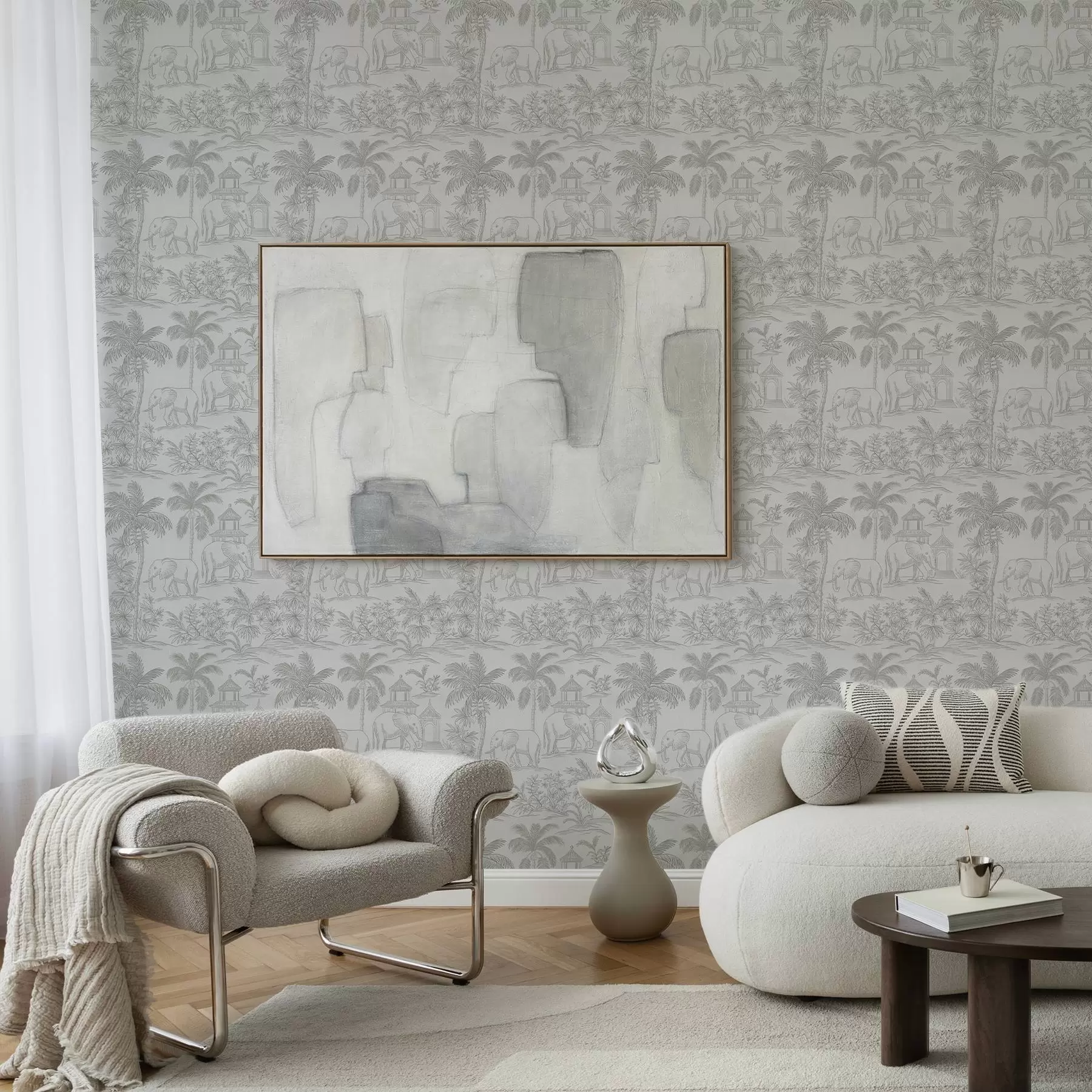 Valokuvatapetti Yksiväriset norsut ja viidakko graafiseen tyyliin a00410