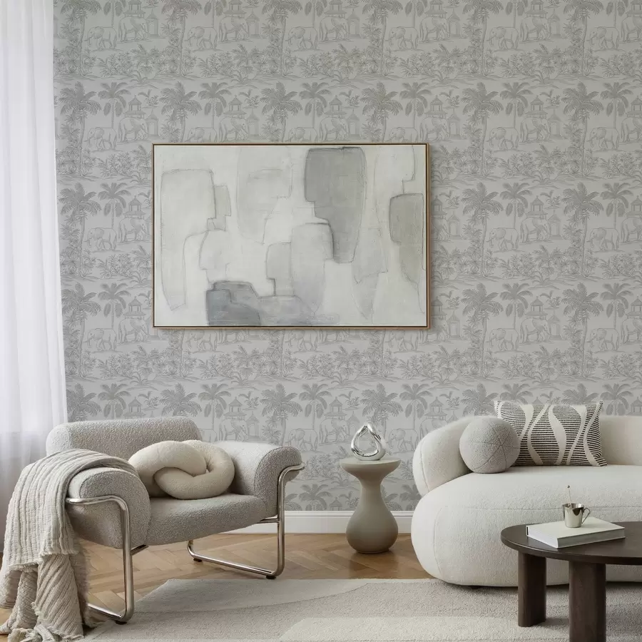 Valokuvatapetti Yksiväriset norsut ja viidakko graafiseen tyyliin a00410