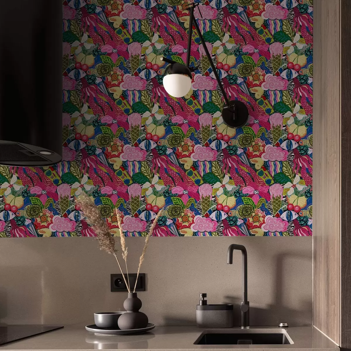 Taustakuva Abstraktia pop-artia, jossa on kukkia, marjoja ja kuvioita a00471