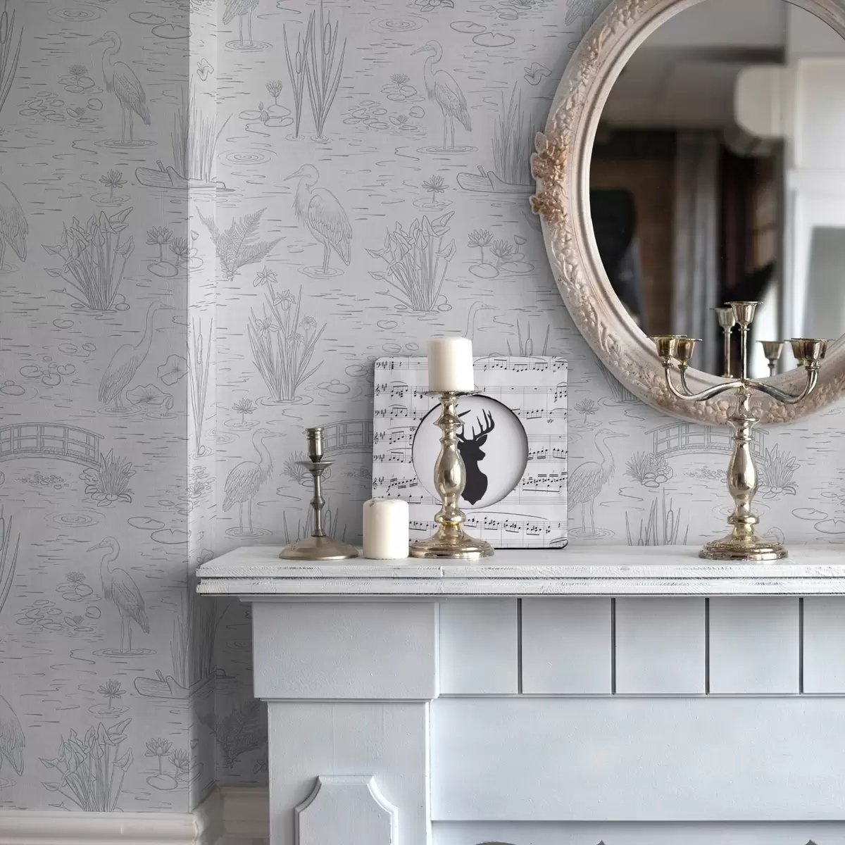 Taustakuva Piirustus haikaroista ja vesikasveista rauhallisissa harmaan sävyissä a00479