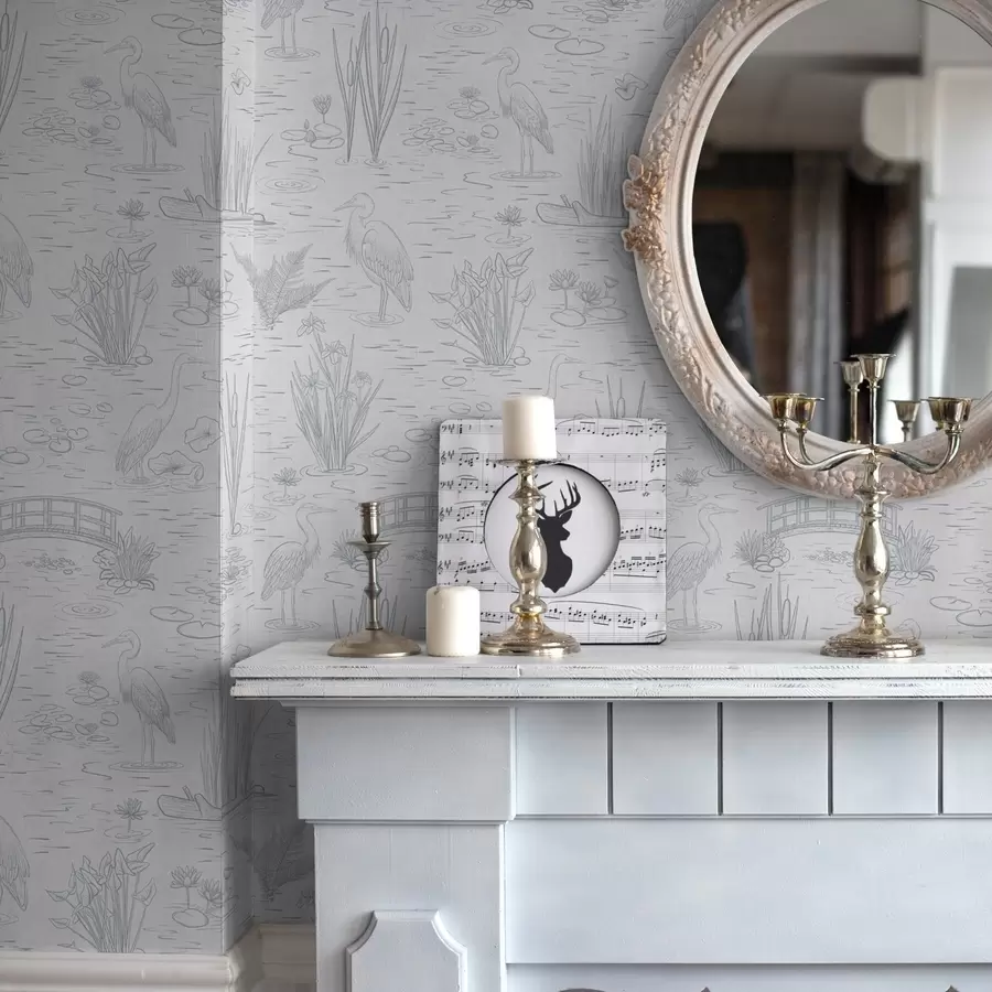 Valokuvatapetti Piirustus haikaroista ja vesikasveista rauhallisissa harmaan sävyissä a00479