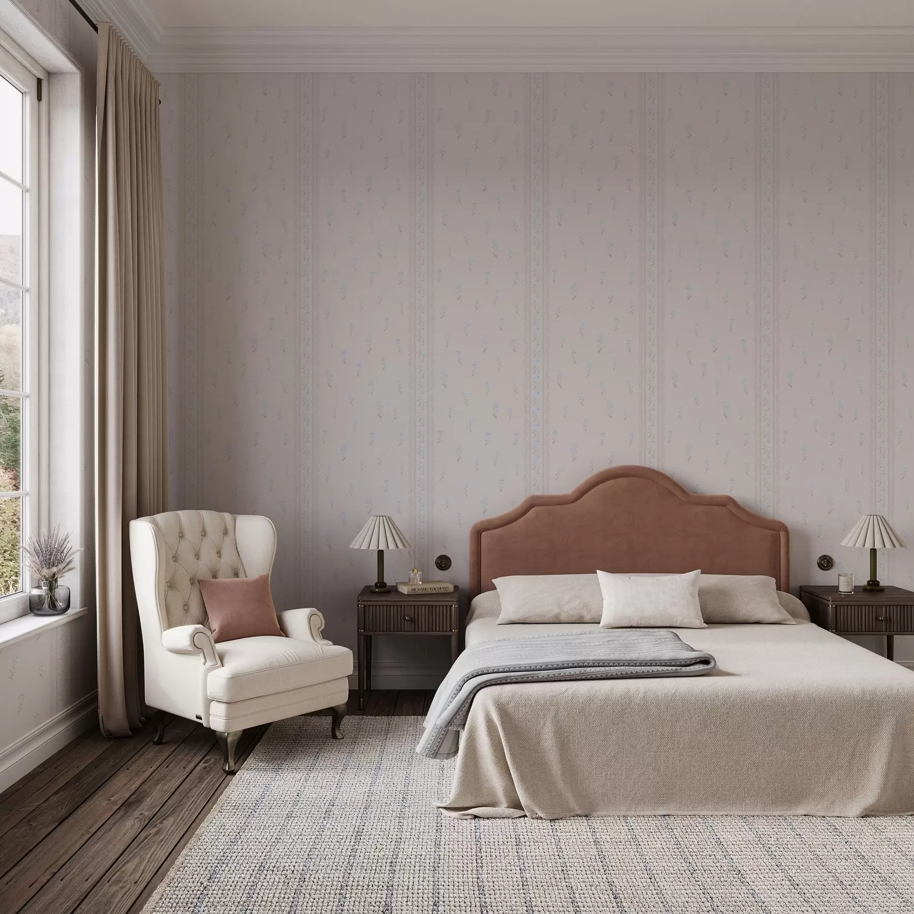 Valokuvatapetti Vaaleanpunainen tausta, jossa on herkkiä sinisiä kukkia ja reunus a00484