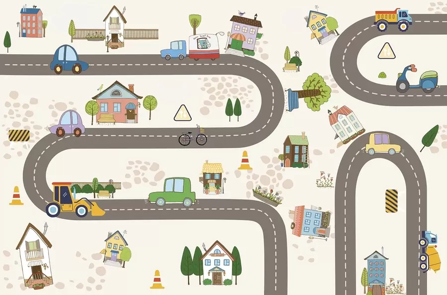 Valokuvatapetti Lasten tie autoilla ja värikkäillä taloilla w04404