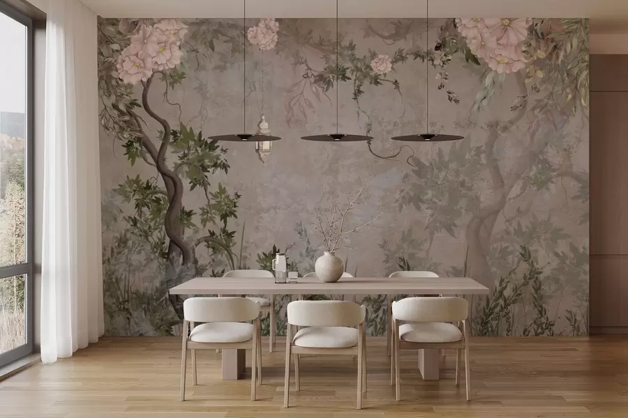 Valokuvatapetti Keijupuutarha, jossa on kukkia, puita ja lyhty w04416