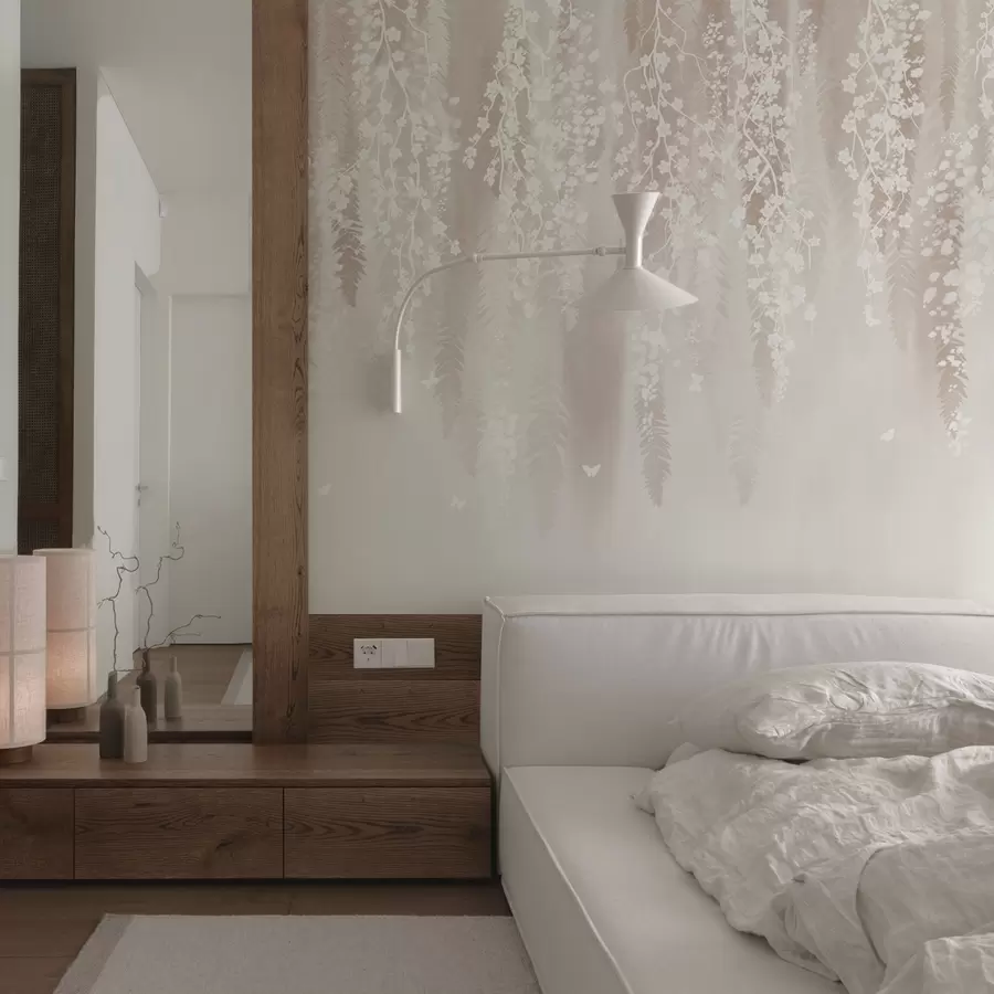 Valokuvatapetti Kevyet oksat valkoisilla kukilla lempeällä taustalla w04417