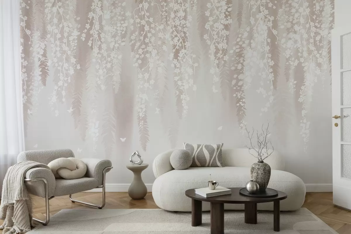 Valokuvatapetti Kevyet oksat valkoisilla kukilla lempeällä taustalla w04417