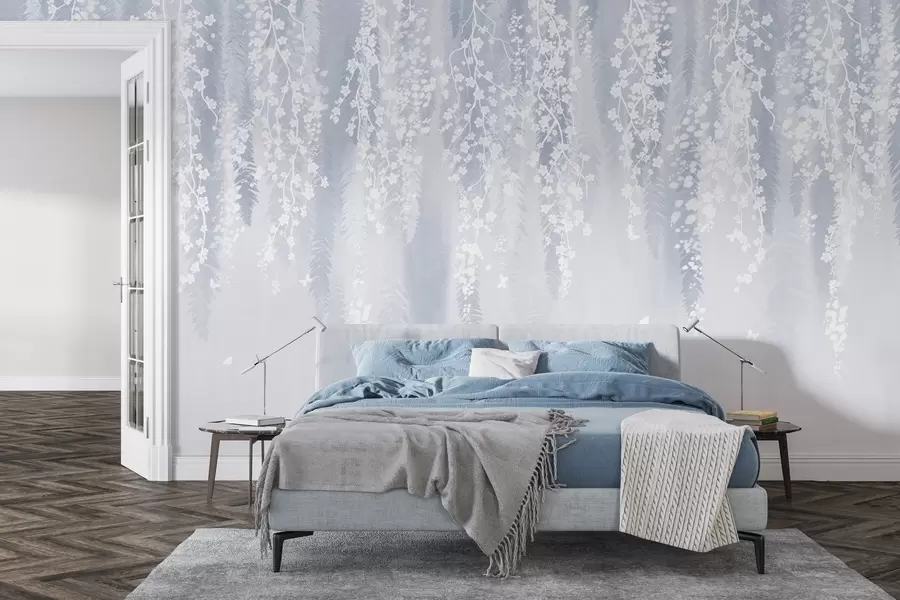 Valokuvatapetti Viileä sininen versio oksista valkoisilla kukilla w04417v2