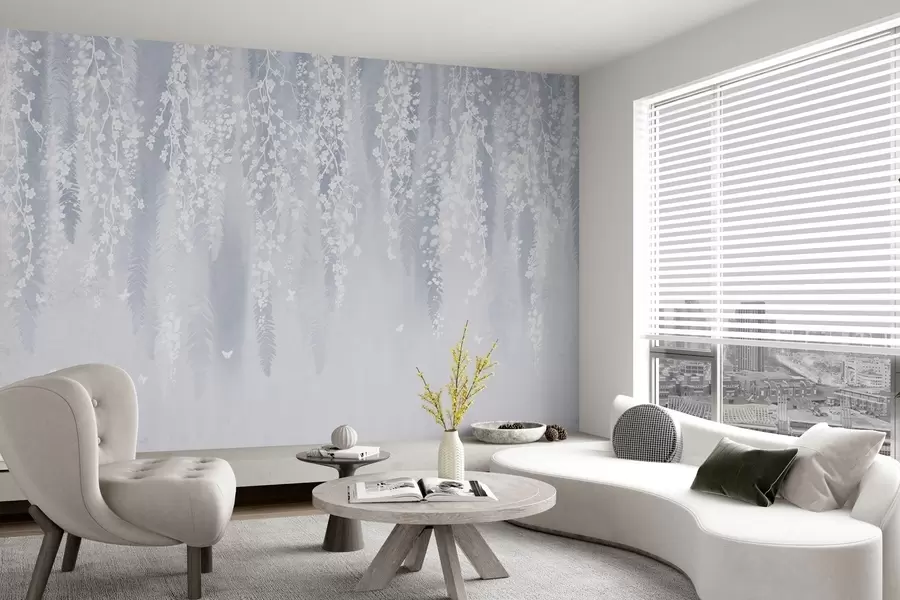 Valokuvatapetti Viileä sininen versio oksista valkoisilla kukilla w04417v2