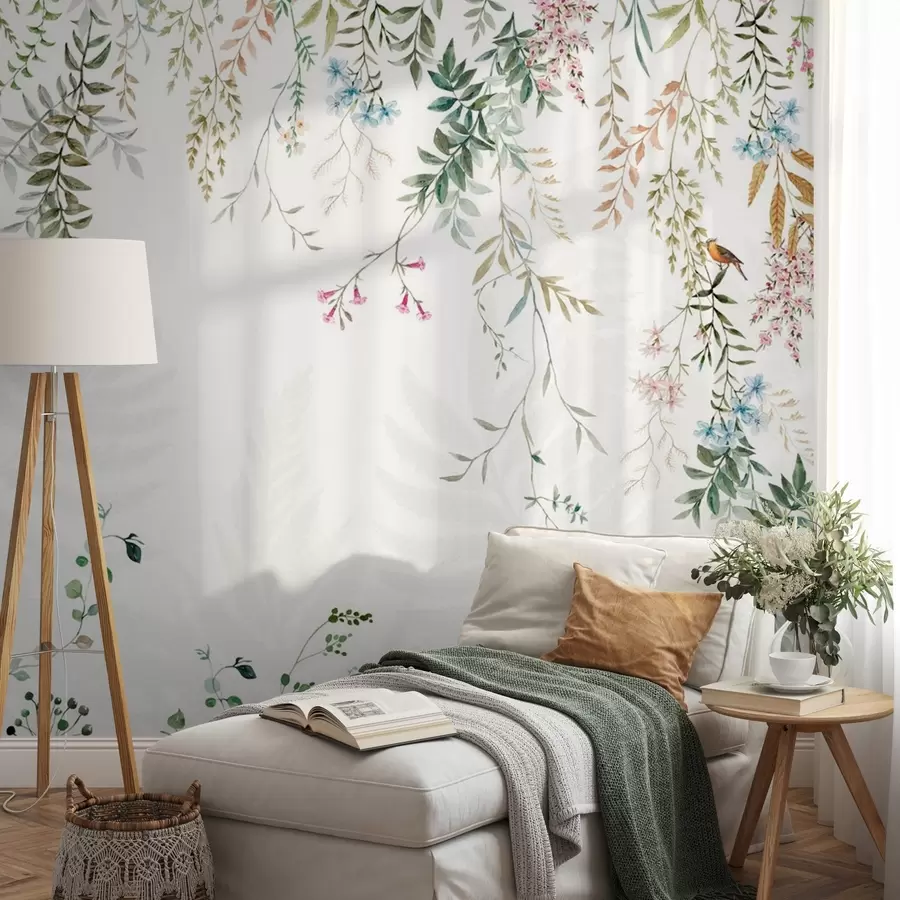 Valokuvatapetti Kasvitieteellinen kuvitus, jossa saniaisia, ruohoa ja roikkuvia kasveja, pastellisävyjä, valkoisella pohjalla akvarelli kuvioitu tyyliä w09364