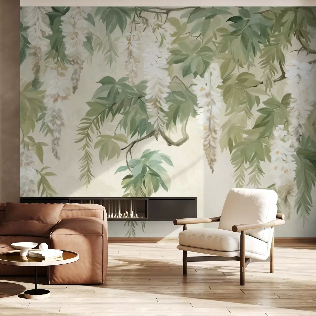 Valokuvatapetti Wisteria oksat valkoisia kukkia ja vihreitä lehtiä, vihreä tausta, kuvioitu vintage maalaus tyyliä w09375