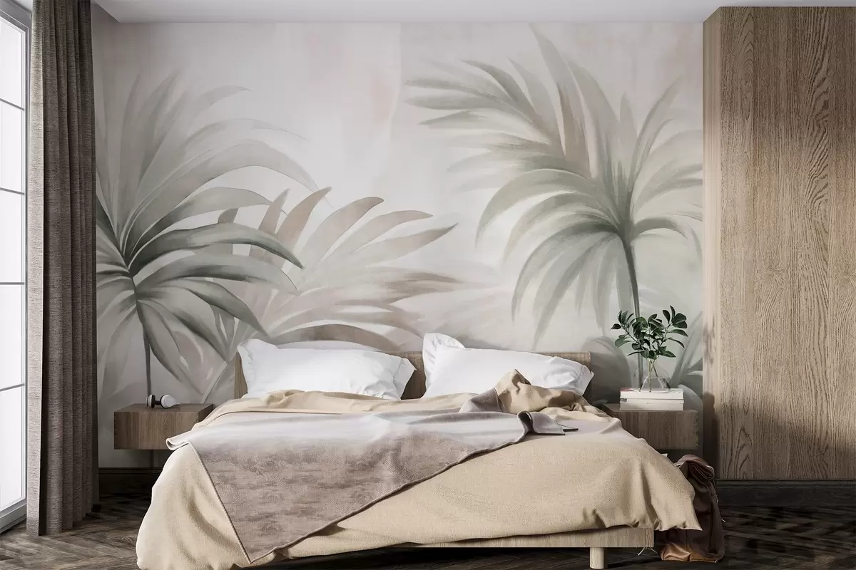 Valokuvatapetti Palmun kuvioitu lehdet neutraaleja värejä, beige abstrakti tausta, pehmeä siveltimenvedot, trooppinen kuvioitu lehtien w09380