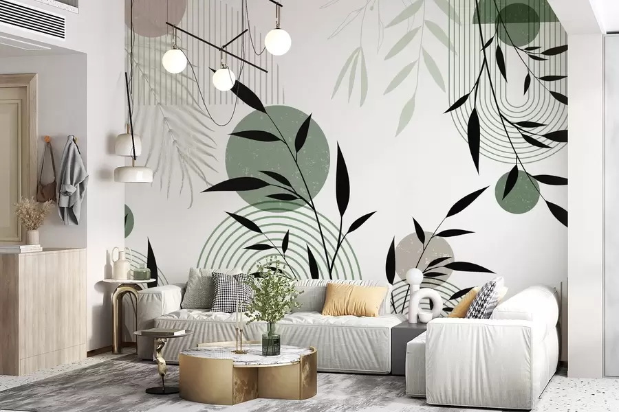 Valokuvatapetti Kuvioitu abstrakti tuloste, jossa geometrisia muotoja, ympyröitä ja kaaria sekä mustia ja vihreitä kasveja valkoisella pohjalla w09384