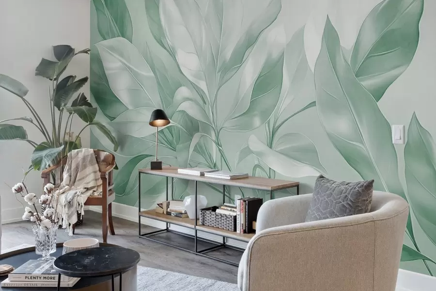 Valokuvatapetti Magnolian lehdet valkoisen ja vihreän sävyillä, pehmeä valaistus, tyylikäs sommittelu, yksityiskohtaiset lehtisuonet, taiteelliset siveltimenvedot w09385v1