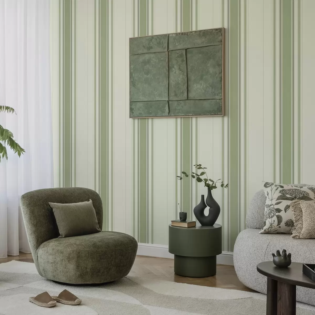 Taustakuva Kermanvärinen tausta, jossa on leveä vihreä keskiraita a00519