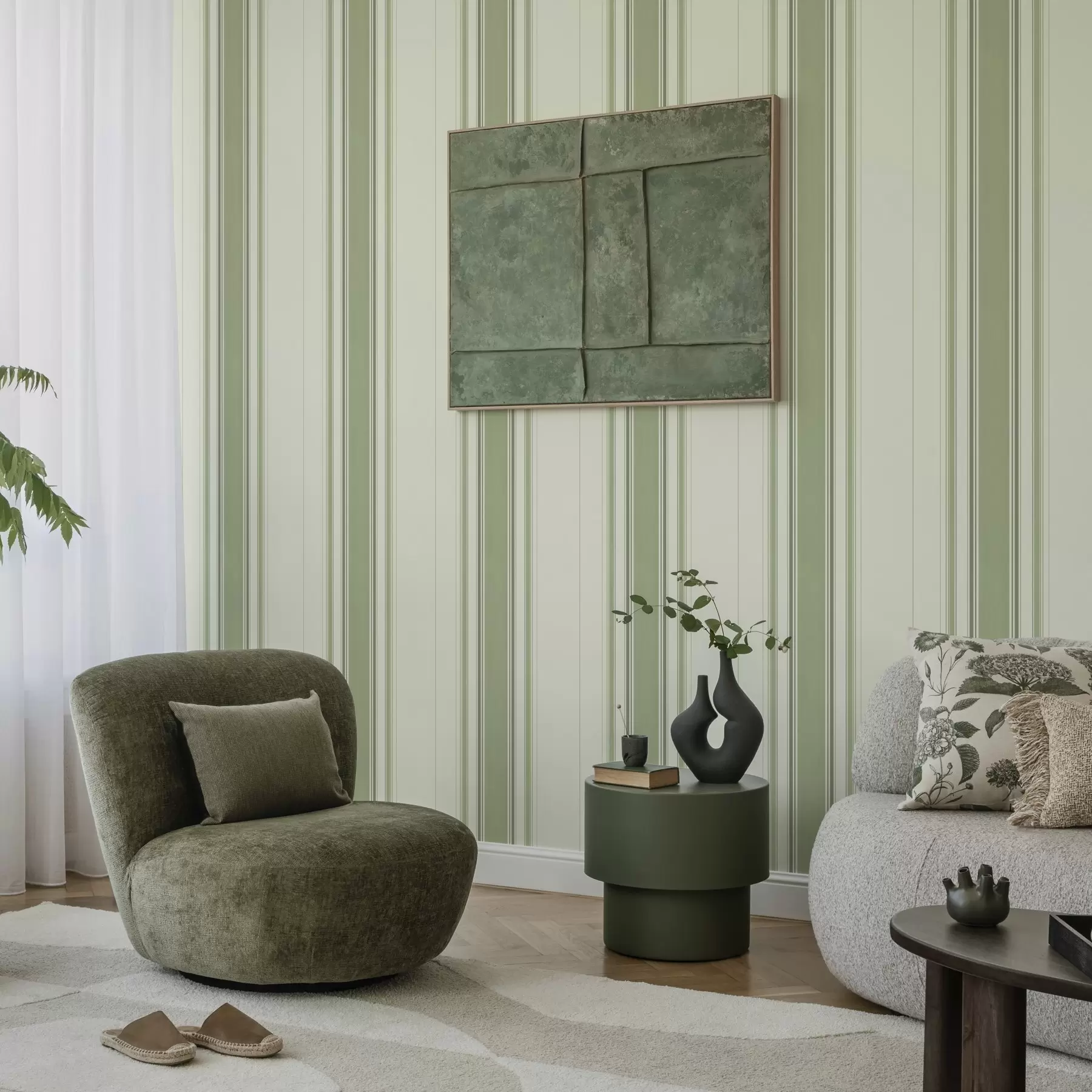 Valokuvatapetti Kermanvärinen tausta, jossa on leveä vihreä keskiraita a00519