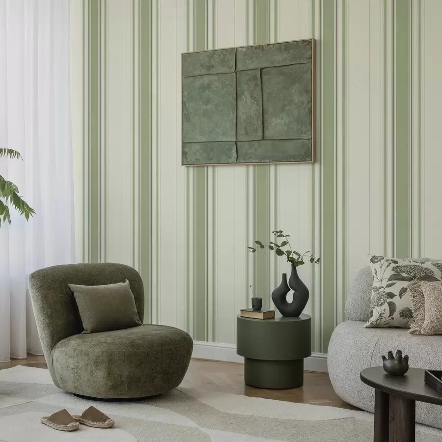 Valokuvatapetti Kermanvärinen tausta, jossa on leveä vihreä keskiraita a00519