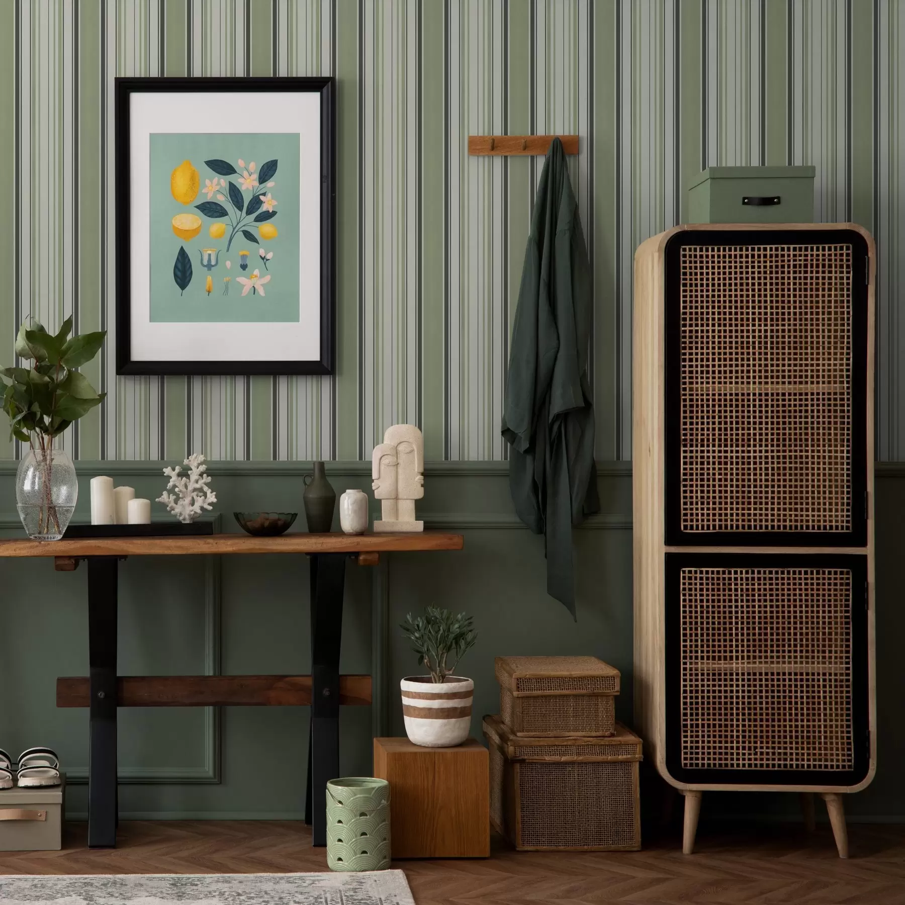 Valokuvatapetti Kermanvärinen tausta, jossa on sekoitus vihreitä ja mustia raitoja a00563