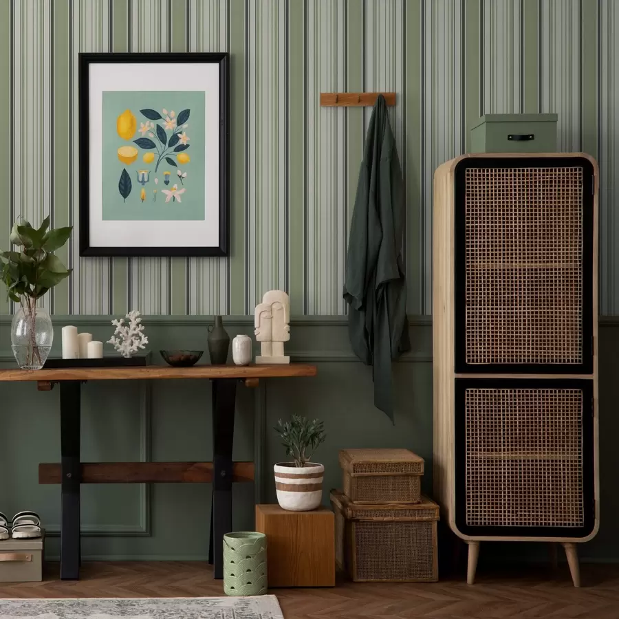 Valokuvatapetti Kermanvärinen tausta, jossa on sekoitus vihreitä ja mustia raitoja a00563