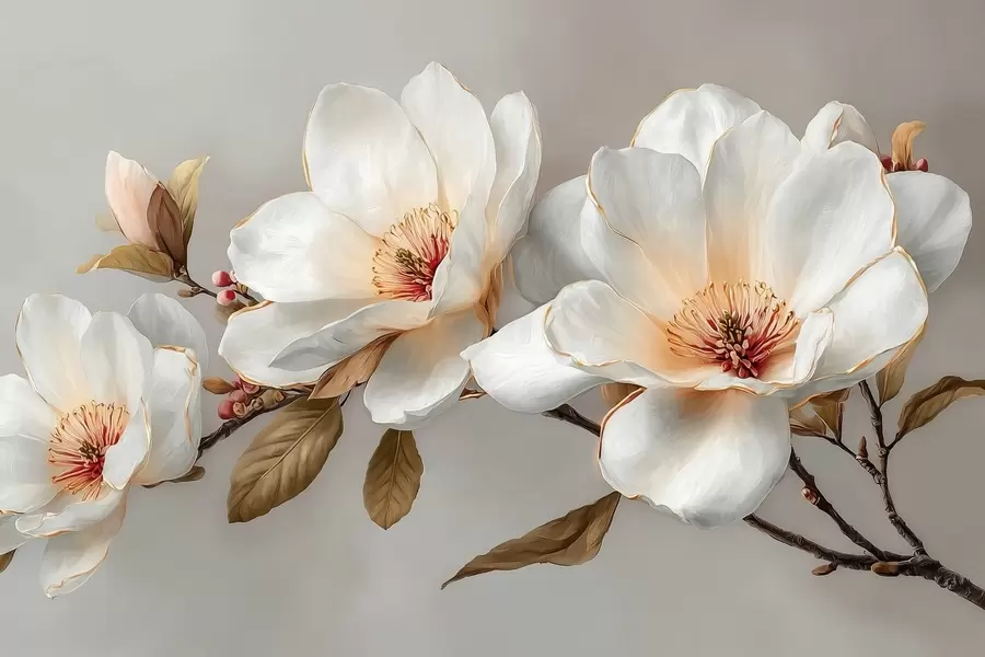 Valokuvatapetti Herkät kukat oksalla pastellinsävyisinä ja oranssin keskisinä w09299