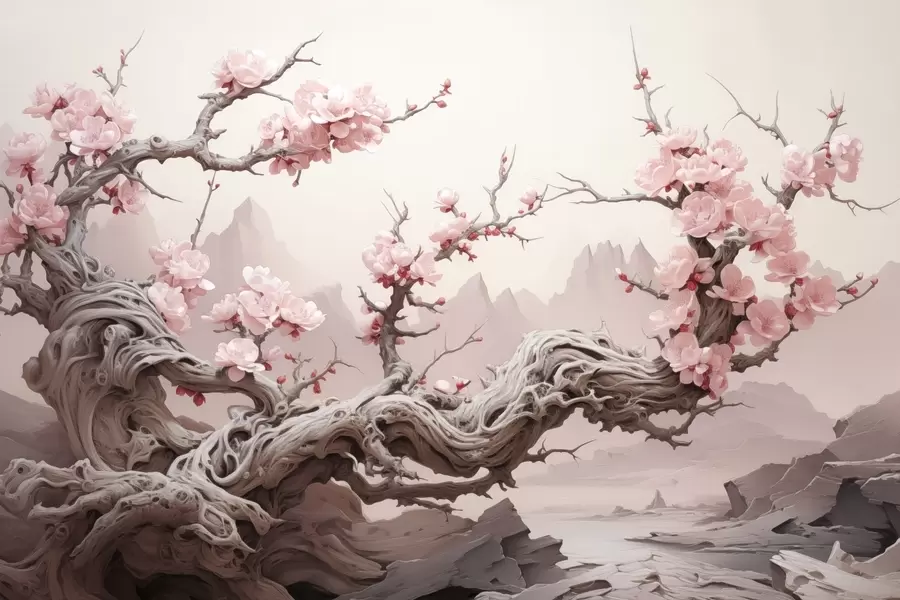 Valokuvatapetti Kierretty puunrunko, jossa kukkii vaaleanpunainen sakura w09388