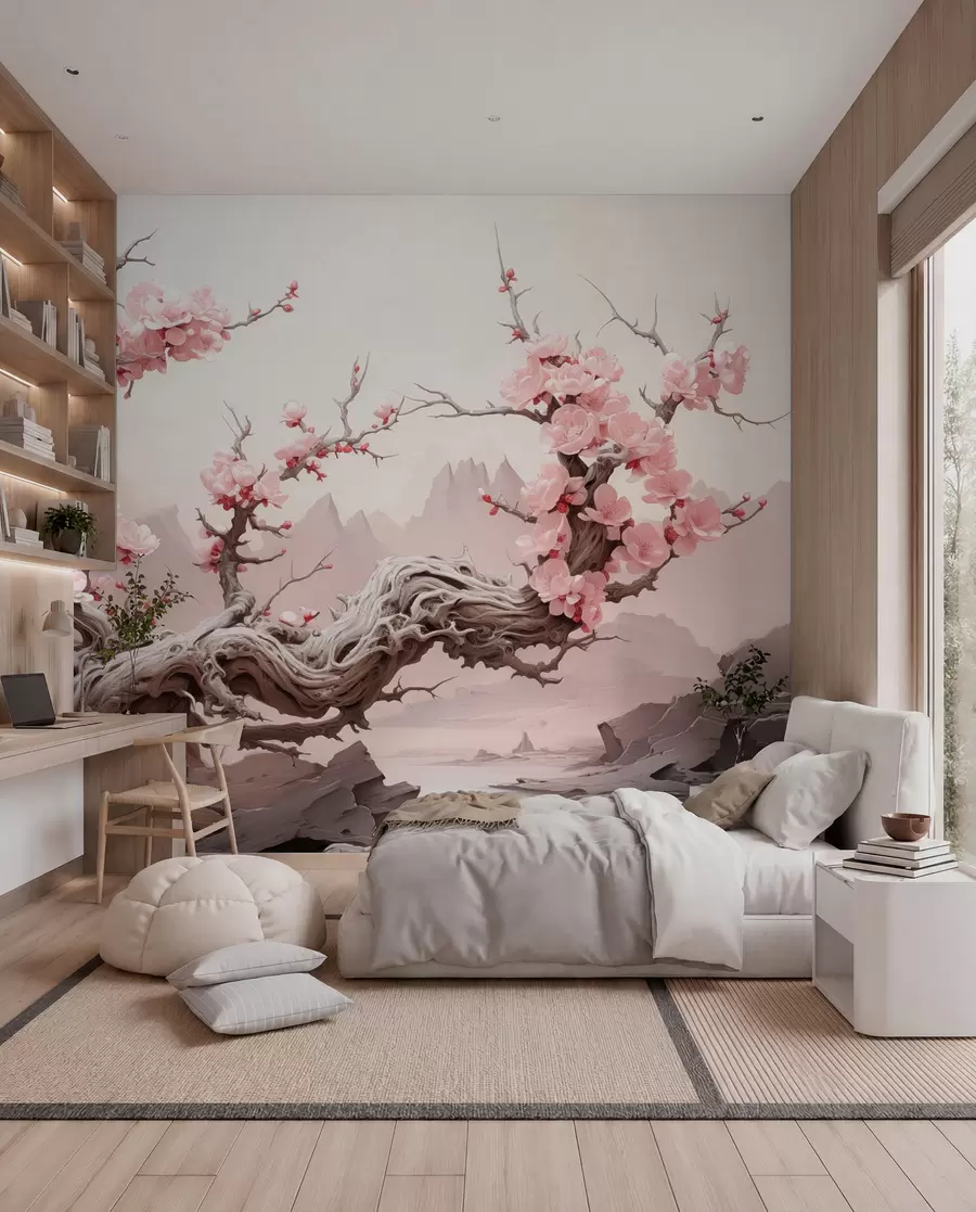 Valokuvatapetti Kierretty puunrunko, jossa kukkii vaaleanpunainen sakura w09388