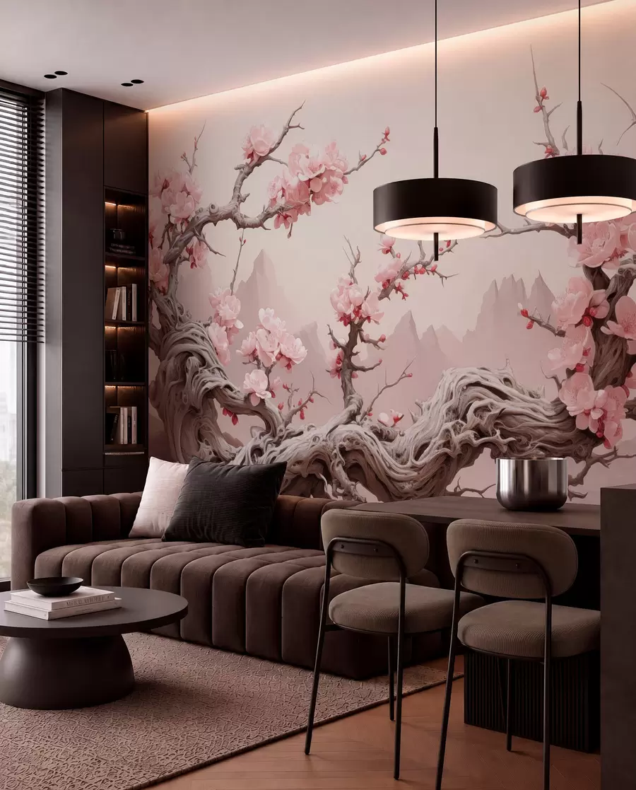 Valokuvatapetti Kierretty puunrunko, jossa kukkii vaaleanpunainen sakura w09388
