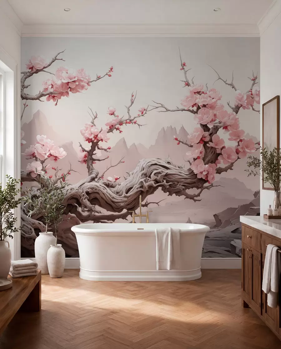 Valokuvatapetti Kierretty puunrunko, jossa kukkii vaaleanpunainen sakura w09388