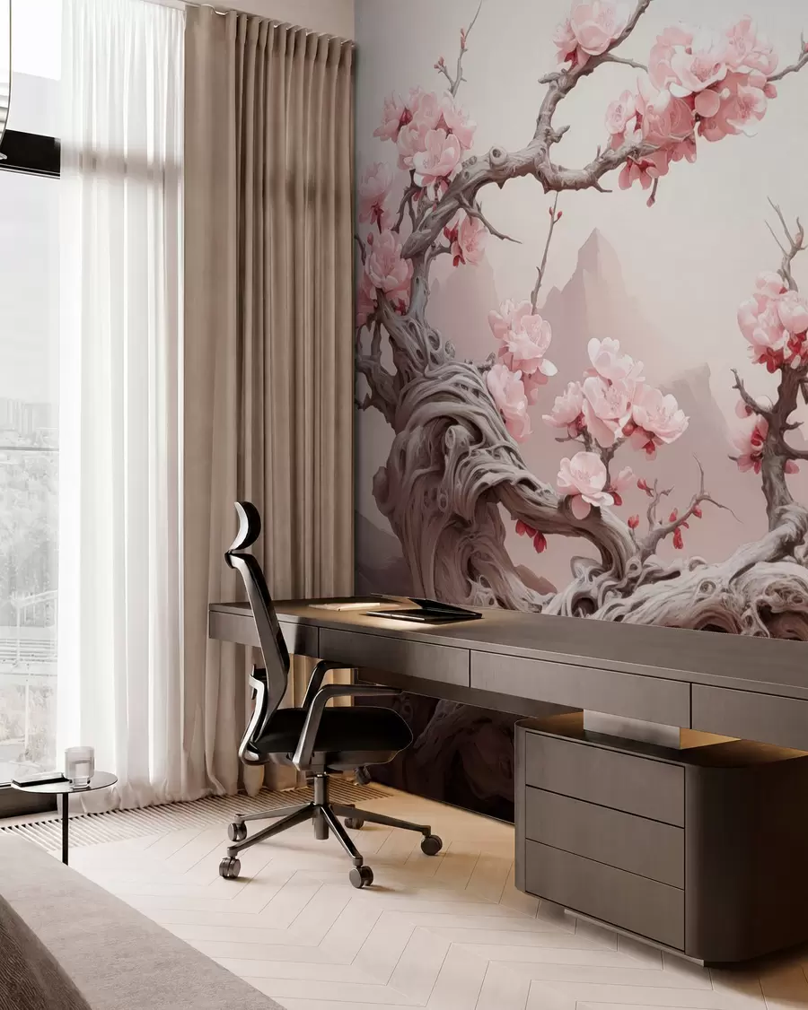 Valokuvatapetti Kierretty puunrunko, jossa kukkii vaaleanpunainen sakura w09388