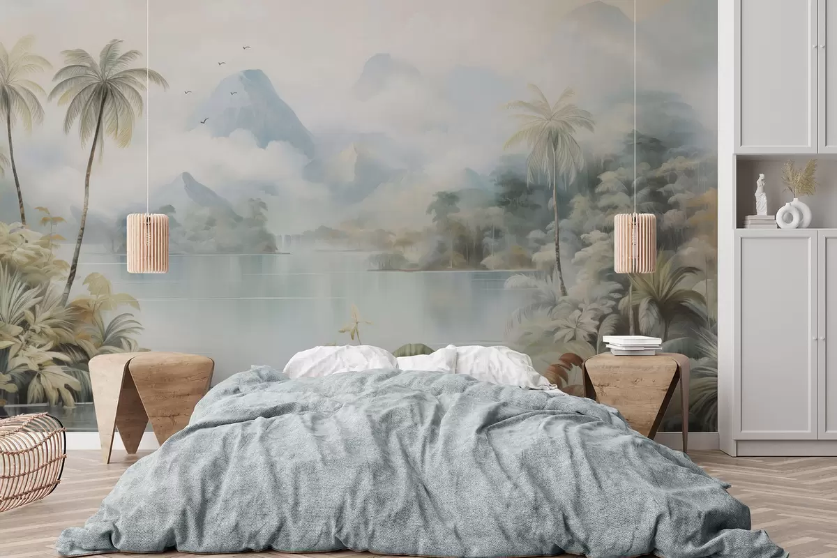 Valokuvatapetti Joki viidakossa lähellä vuoria w04536