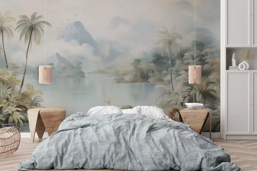 Valokuvatapetti Joki viidakossa lähellä vuoria w04536