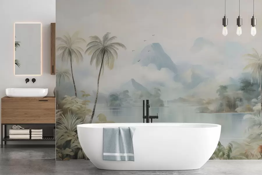 Valokuvatapetti Joki viidakossa lähellä vuoria w04536