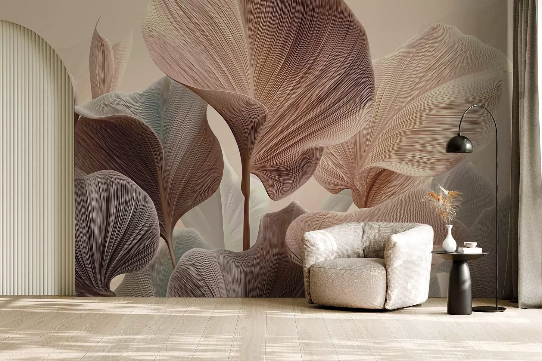 Valokuvatapetti Elegantit lehdet lämpimissä beige-sävyissä w04549v1