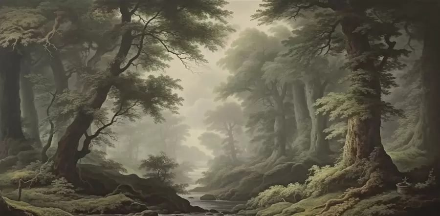 Valokuvatapetti Sumuiset metsät, joissa virtaa joki ja kasvaa korkeita ikivanhoja puita w04555