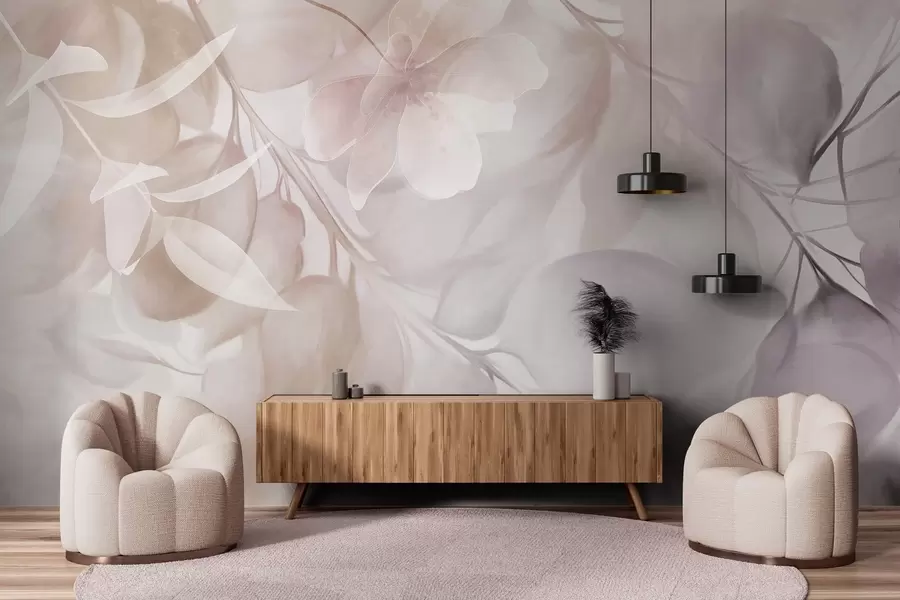 Valokuvatapetti Kukkataide, jossa on hillittyjä beigejä ja ruskeita kukkia, lehtiä ja oksia, pehmeitä pastellivärejä ja vesiväri-tekstuuri w09397