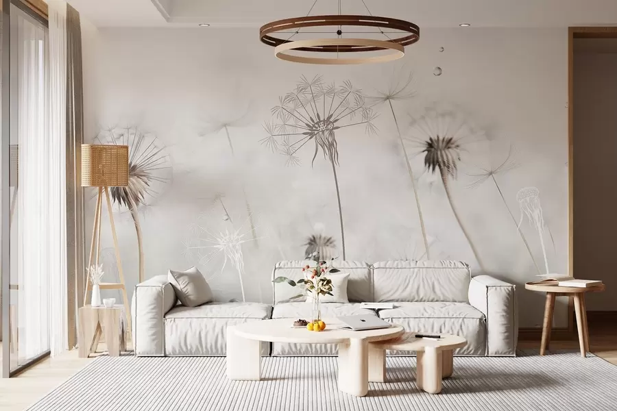 Valokuvatapetti Vesipisaroita sisältävät voikukat, valkoinen tausta, lähikuva, pehmeä valo, luonto, kasvitieteellinen, eteerinen, herkkä, minimalistinen w09399