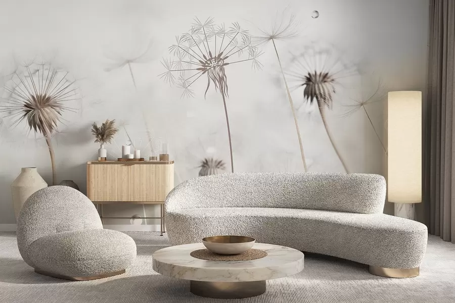 Valokuvatapetti Vesipisaroita sisältävät voikukat, valkoinen tausta, lähikuva, pehmeä valo, luonto, kasvitieteellinen, eteerinen, herkkä, minimalistinen w09399