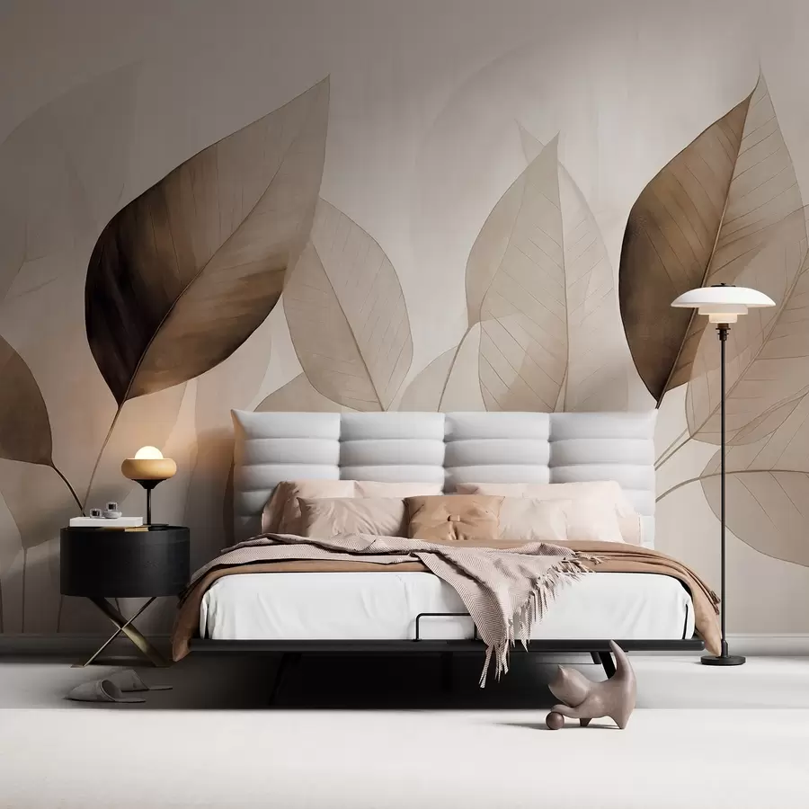 Valokuvatapetti Teksturoitu maalaus, joka jäljittelee ruskean ja beigen sävyisiä lehtiä, joissa on herkät suonet ja varret w09400v1