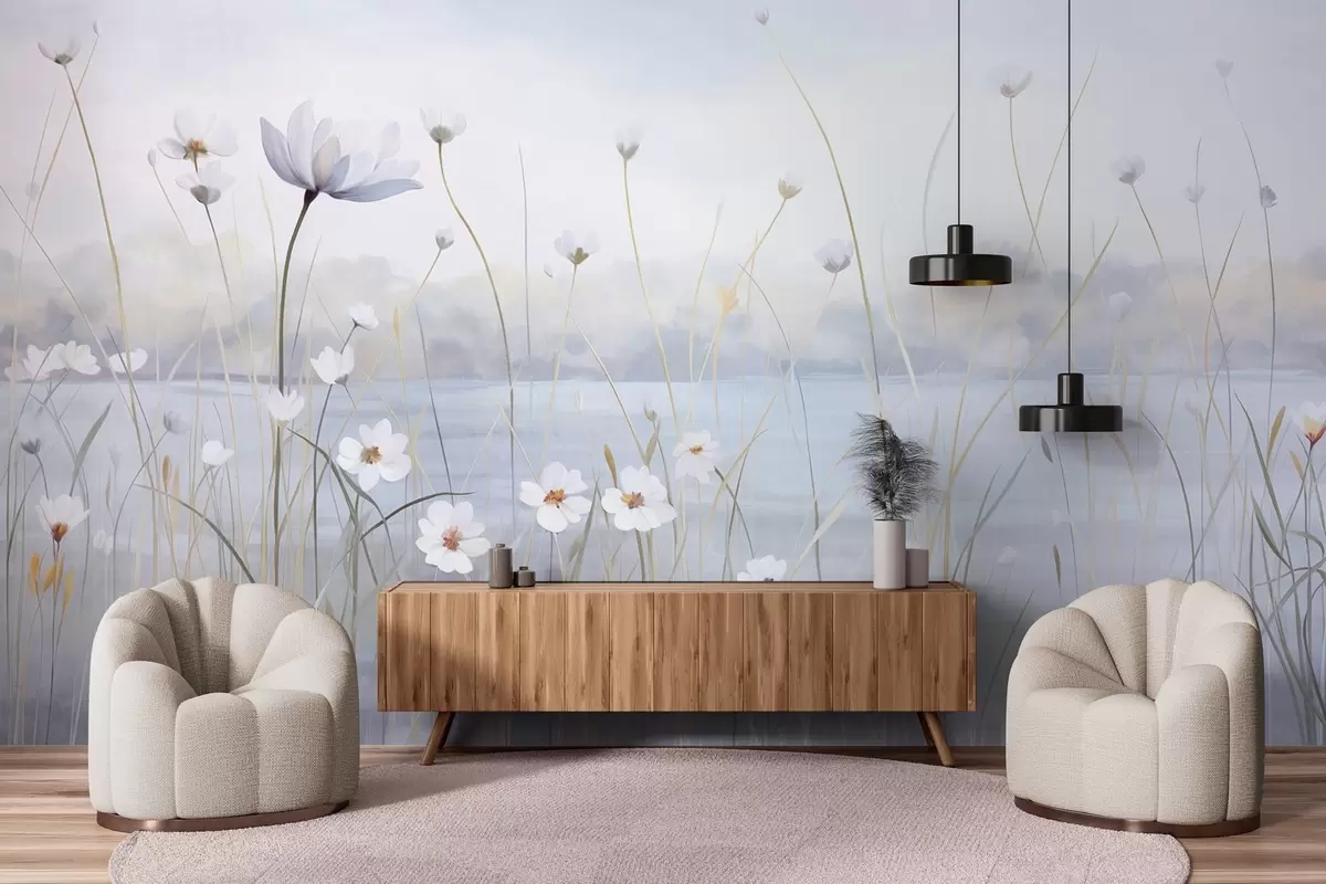 Valokuvatapetti Valkoiset kukat pitkillä varrilla pellolla, vaaleansininen taivas, pehmeät värit, teksturoitu, minimalistinen tyyli, luonnosta inspiraatiota saanut, rauhallinen tausta w09401