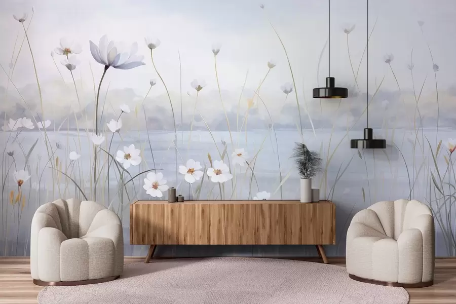 Valokuvatapetti Valkoiset kukat pitkillä varrilla pellolla, vaaleansininen taivas, pehmeät värit, teksturoitu, minimalistinen tyyli, luonnosta inspiraatiota saanut, rauhallinen tausta w09401