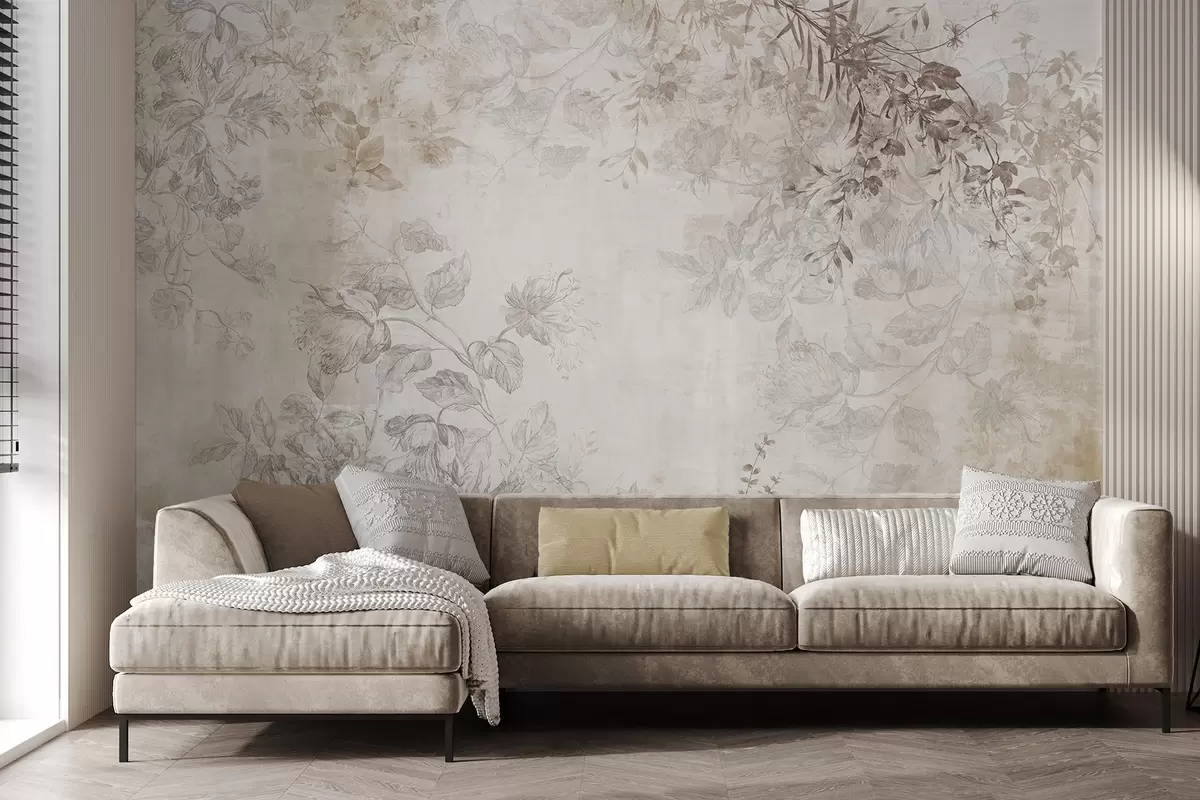 Valokuvatapetti Vintage-tyylinen teksturoitu kukkataide, jossa on piirustustyylisiä herkkiä puutarhakukkia ja lehtiä, pehmeitä pastellinbeigejä ja seepian sävyjä w09402