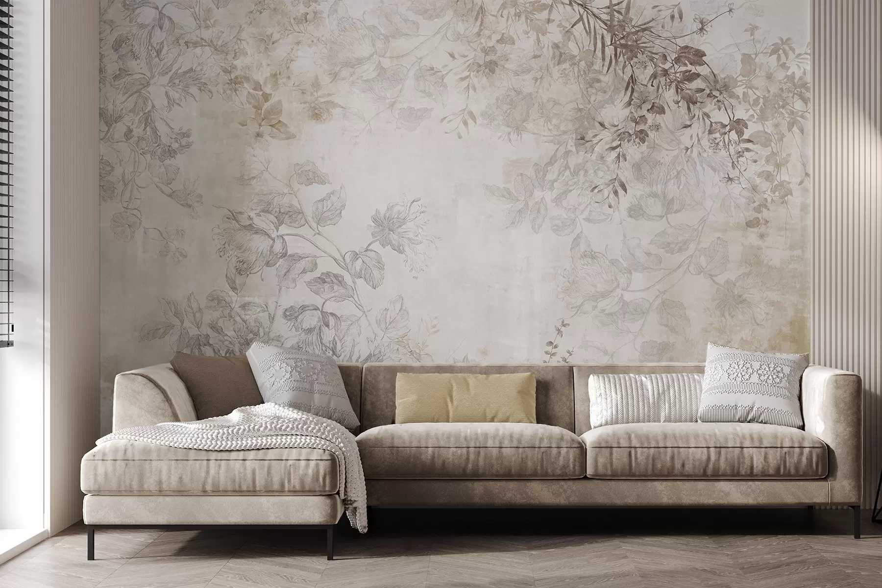 Valokuvatapetti Vintage-tyylinen teksturoitu kukkataide, jossa on piirustustyylisiä herkkiä puutarhakukkia ja lehtiä, pehmeitä pastellinbeigejä ja seepian sävyjä w09402