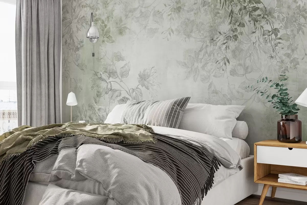 Valokuvatapetti Vintage-tyylinen kukkataide, jossa on piirustustyylisiä herkkiä puutarhakukkia ja lehtiä, pehmeät vihreät sävyt w09402v2