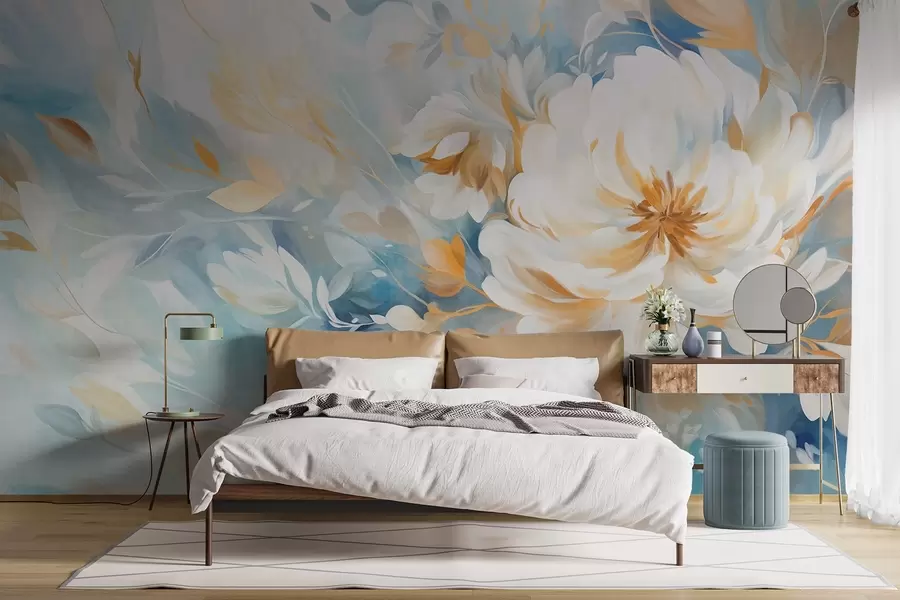 Valokuvatapetti Teksturoitu valkoinen kukka sinisillä ja keltaisilla yksityiskohdilla ja lehdillä sinisellä ja valkoisella abstraktilla taustalla, maalaustekniikka w09403