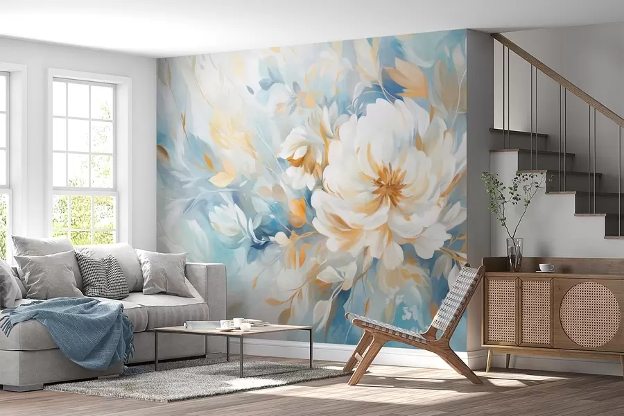 Valokuvatapetti Teksturoitu valkoinen kukka sinisillä ja keltaisilla yksityiskohdilla ja lehdillä sinisellä ja valkoisella abstraktilla taustalla, maalaustekniikka w09403