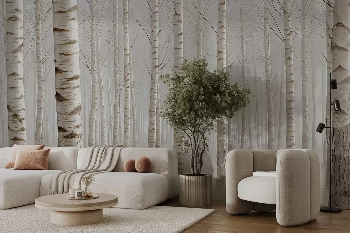 Valokuvatapetti Koivumetsä sumussa, kevyt minimalismi w04574
