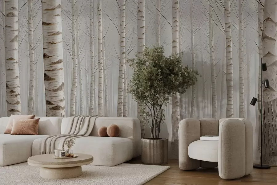 Valokuvatapetti Koivumetsä sumussa, kevyt minimalismi w04574