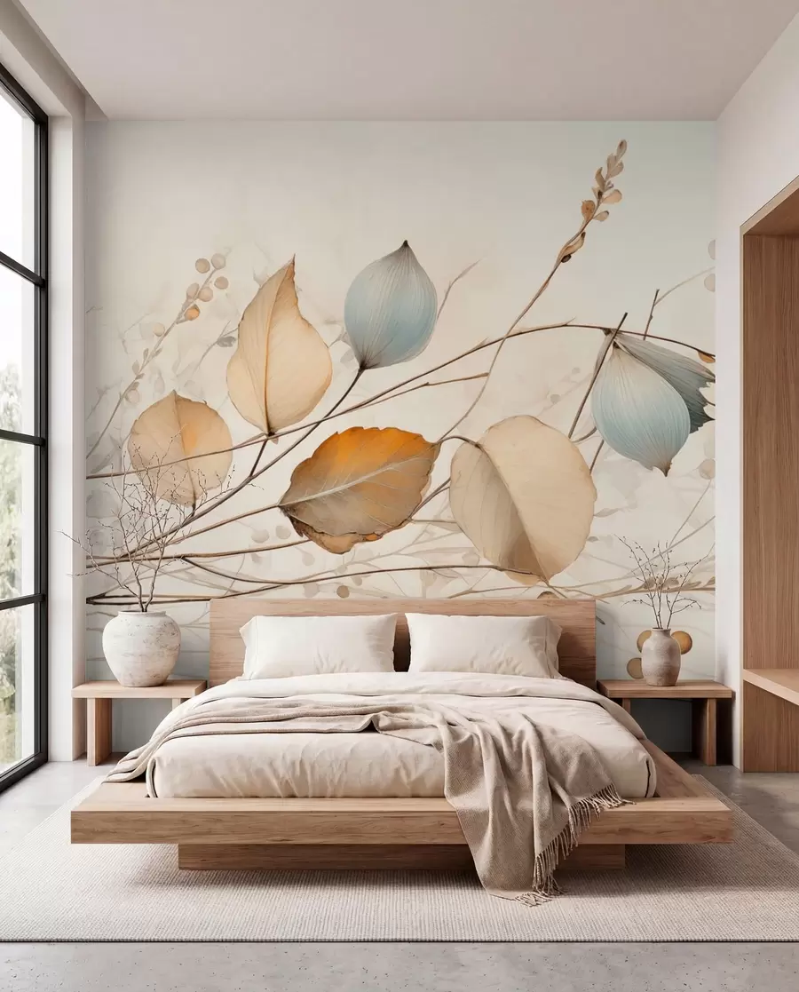 Valokuvatapetti Hienostuneet oksat, joissa on beigejä lehtiä w04579