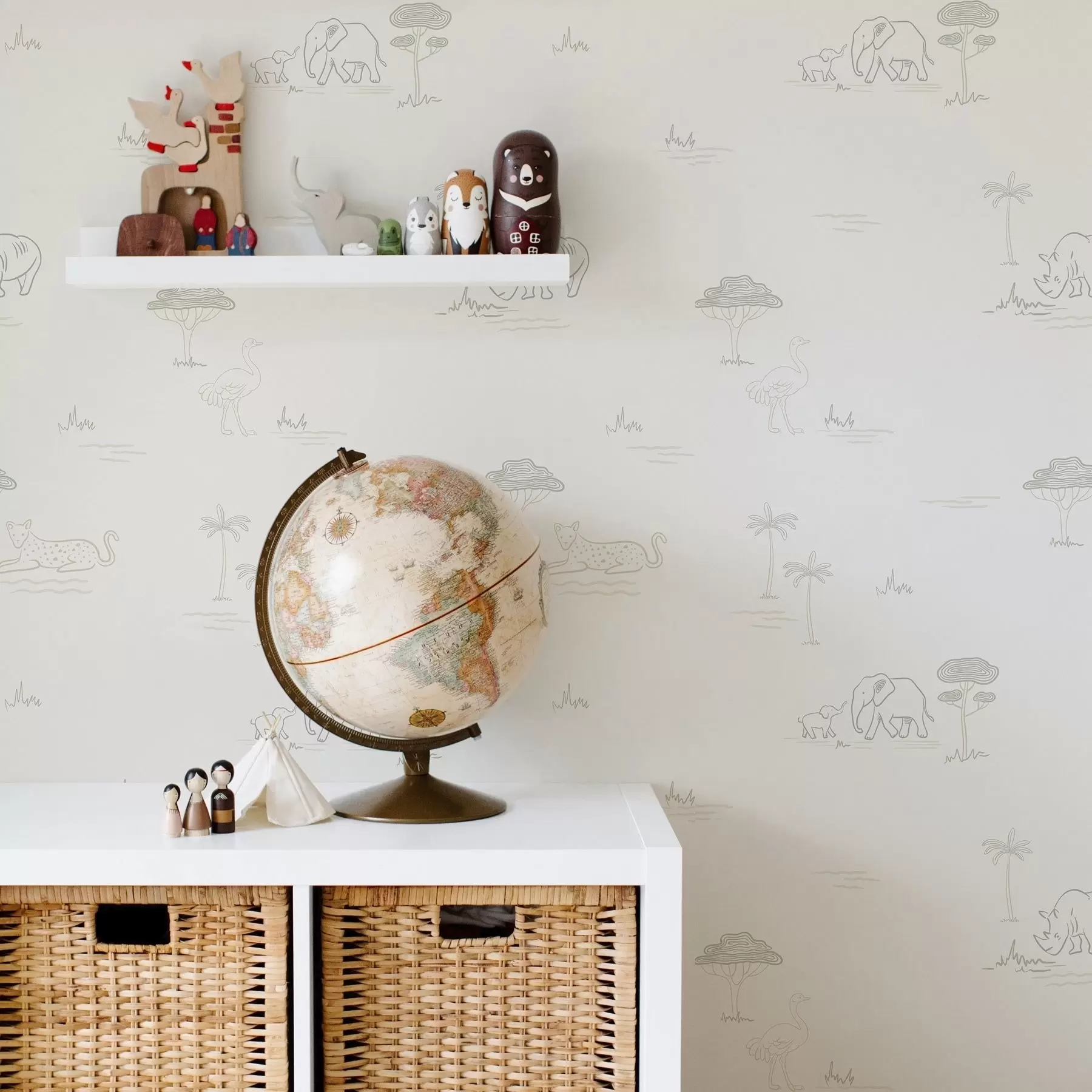 Valokuvatapetti Minimalistinen safari: norsuja, sarvikuonoja, leopardeja ja palmuja a00492