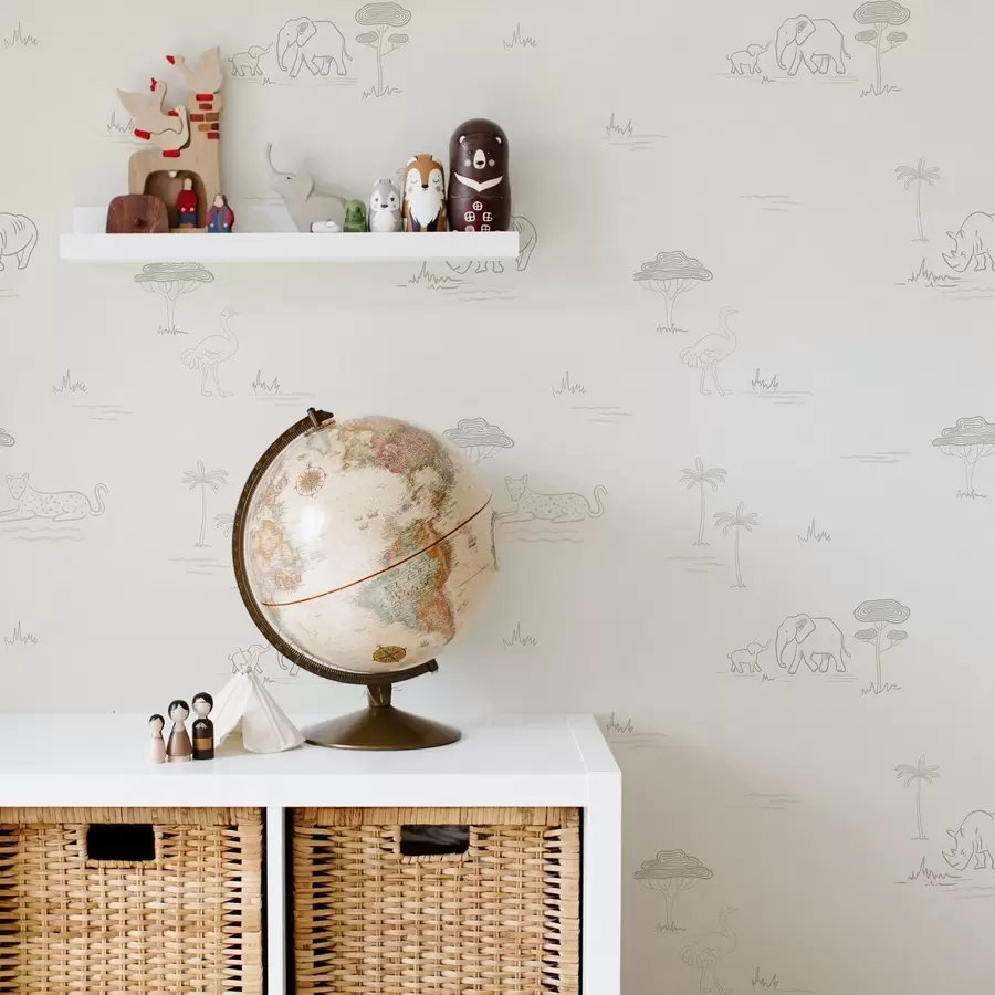 Valokuvatapetti Minimalistinen safari: norsuja, sarvikuonoja, leopardeja ja palmuja a00492